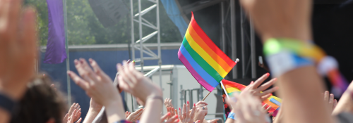 image of Pride flag being held in a crowd. used to advertise 2022 Pride campaign